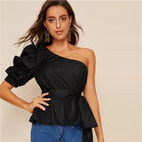 SHEIN Sexy One Shoulder Puff Sleeve Peplum Knot Belted Top Blouse Women Summer 2019 Solid Ruffle Elegant Party Blouses