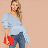 SHEIN Sexy One Shoulder Puff Sleeve Peplum Knot Belted Top Blouse Women Summer 2019 Solid Ruffle Elegant Party Blouses