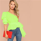 SHEIN Sexy One Shoulder Puff Sleeve Peplum Knot Belted Top Blouse Women Summer 2019 Solid Ruffle Elegant Party Blouses