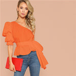 SHEIN Sexy One Shoulder Puff Sleeve Peplum Knot Belted Top Blouse Women Summer 2019 Solid Ruffle Elegant Party Blouses