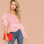 SHEIN Sexy One Shoulder Puff Sleeve Peplum Knot Belted Top Blouse Women Summer 2019 Solid Ruffle Elegant Party Blouses