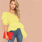 SHEIN Sexy One Shoulder Puff Sleeve Peplum Knot Belted Top Blouse Women Summer 2019 Solid Ruffle Elegant Party Blouses