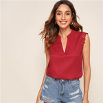 SHEIN V-Placket Lace Trim Shell Top 2019 Elegant V neck Stand Collar Summer Sleeveless Womens Tops and Blouses