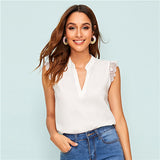 SHEIN V-Placket Lace Trim Shell Top 2019 Elegant V neck Stand Collar Summer Sleeveless Womens Tops and Blouses