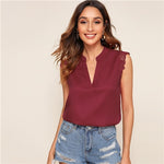 SHEIN V-Placket Lace Trim Shell Top 2019 Elegant V neck Stand Collar Summer Sleeveless Womens Tops and Blouses