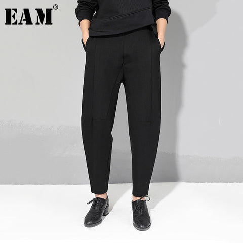 [EAM] 2019 New Autumn Winter High Elastic Waist Black Loose Patchwork Split Joint Brief Pants Women Trousers Fashion Tide JQ013