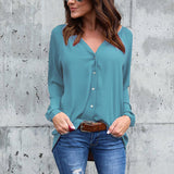 2019 Fashion Autumn Loose Button Long Sleeve V Neck Chiffon Blouse Plus size Women Shirts Hots Solid Blouse Office Lady Tops