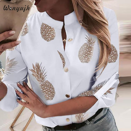 Wenyujh Blouses Women's White Shirt Pineapple Print Long Sleeve Blouses Woman 2019 Autumn Womens Button Tops and Blouses Female