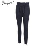 Simplee Suede high waist pencil pants capris Women bottom sash streetwear casual pants 2017 Autumn chic black winter trousers