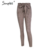 Simplee Suede high waist pencil pants capris Women bottom sash streetwear casual pants 2017 Autumn chic black winter trousers