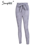 Simplee Suede high waist pencil pants capris Women bottom sash streetwear casual pants 2017 Autumn chic black winter trousers