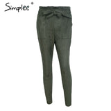Simplee Suede high waist pencil pants capris Women bottom sash streetwear casual pants 2017 Autumn chic black winter trousers