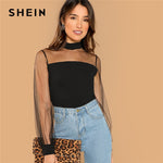 SHEIN Black Office Lady Solid Sheer Mesh Yoke Stand Collar Long Sleeve Blouse Autumn Workwear Fashion Women Tops And Blouses