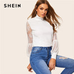 SHEIN White High Neck Lace Balloon Sleeve Top Mesh Blouse Women Spring Office Lady Elegant 2019 Solid Ladies Workwear Blouses