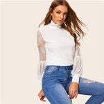 SHEIN White High Neck Lace Balloon Sleeve Top Mesh Blouse Women Spring Office Lady Elegant 2019 Solid Ladies Workwear Blouses