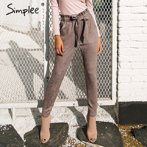 Simplee Suede high waist pencil pants capris Women bottom sash streetwear casual pants 2017 Autumn chic black winter trousers