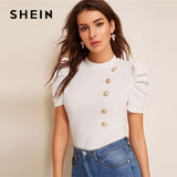 SHEIN Mock-Neck Puff Sleeve Button Front White Blouse Ladies Tops Summer Elegant Slim Fit Solid Short Sleeve Blouse Top