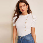 SHEIN Mock-Neck Puff Sleeve Button Front White Blouse Ladies Tops Summer Elegant Slim Fit Solid Short Sleeve Blouse Top