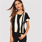 SHEIN Cuffed Sleeve Color Block Top 2019 Elegant Round Neck Roll Up Sleeve Blouse Chic Summer Short Sleeve Women Blouses