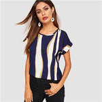 SHEIN Cuffed Sleeve Color Block Top 2019 Elegant Round Neck Roll Up Sleeve Blouse Chic Summer Short Sleeve Women Blouses