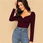 SHEIN Sexy Zip Back Puff Sleeve Slim Fitted Wrap Sweetheart Neck Blouse Women Solid Top Spring Club High Street Blouses