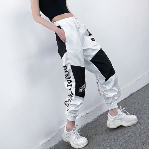 High Waist Letter Spliced Cargo Pants Women Loose Harajuku BF Ankle-Length Overalls Pants Plus Size Hip Hop Women's sports pant